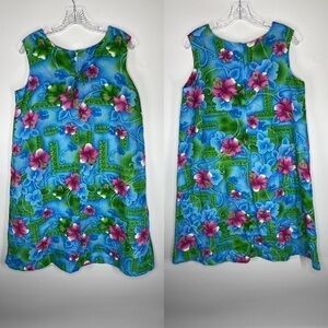 Vintage Pomare Short Sleeve Aqua Blue Floral Hawaiian Dress Size 12